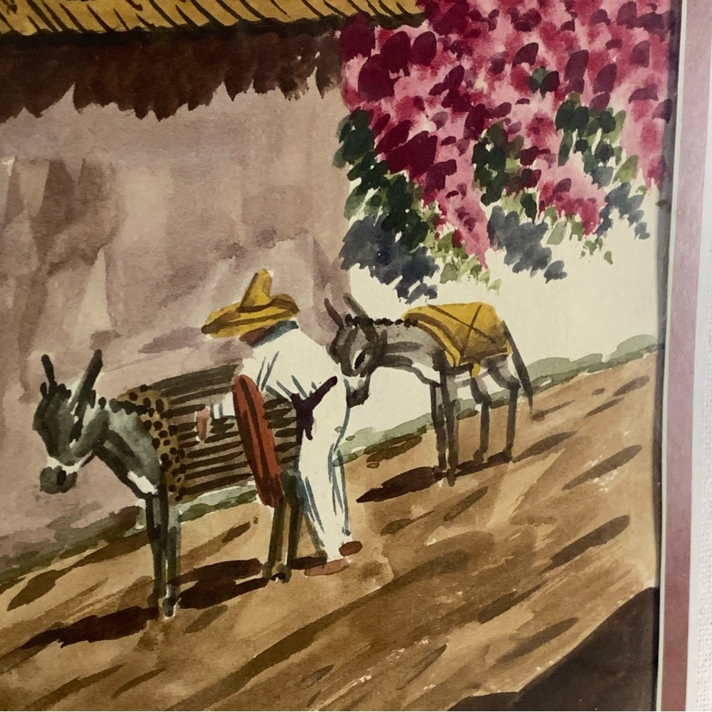2 Framed Watercolors Signed Mexico Cruz #1 Man Woman 2 Donkey Pink Flower House - Picture 5 of 16